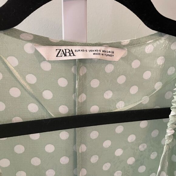 Zara Mint Green & White Polka Dot V-Neck Tie Top - Picture 7 of 8